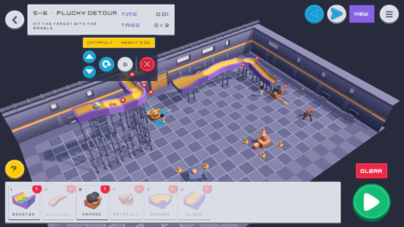 Level 5-6, Plucky Detour: placing a catapult on a half-built machine, with the parts tray along the bottom